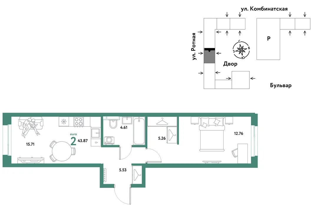 Планировка 2-комн. квартира, 43.58 м² ЖК «Уральский сад»