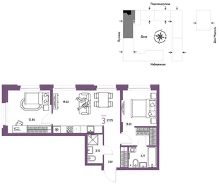 Планировка 3-комн. квартира, 57.73 м² ЖК «Европейский берег 2.0»