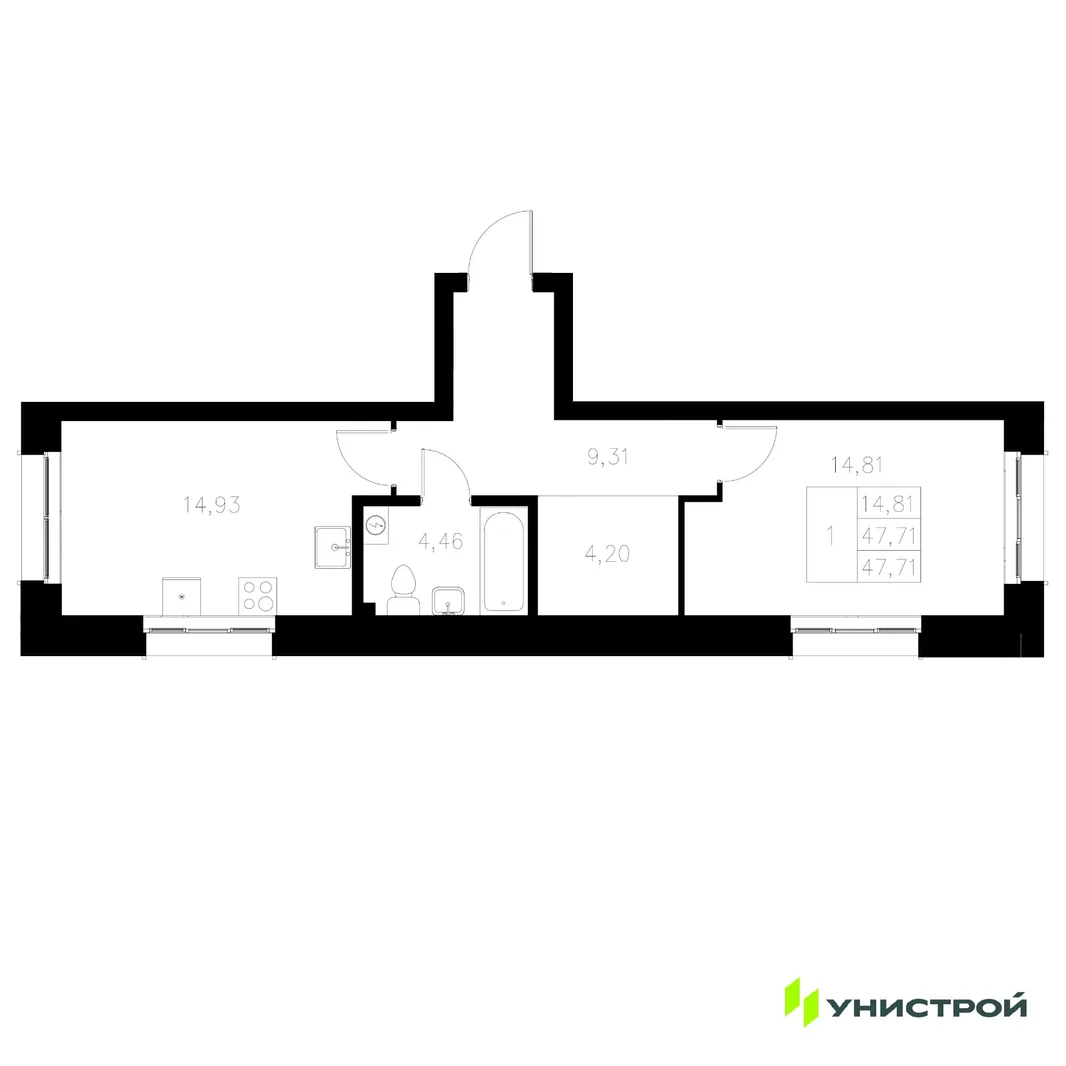 Планировка 1-комн. квартира, 47.71 м² ЖК «Statum»