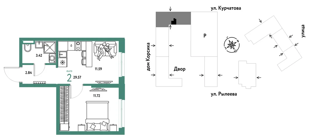 Планировка 2-комн. квартира, 29.57 м² ЖК «Остров-сад»