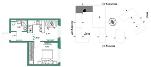 Планировка 2-комн. квартира, 29.57 м² ЖК «Остров-сад»