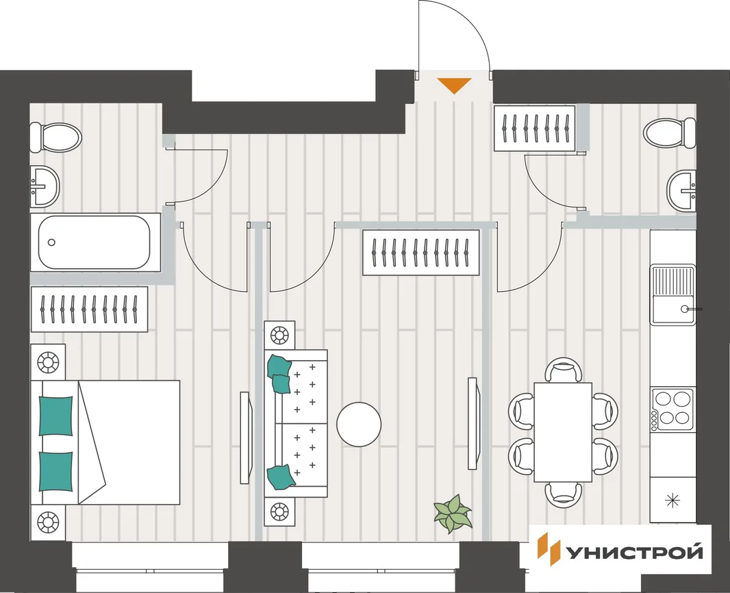 Планировка 2-комн. квартира, 46.05 м² ЖК «Аквамарин»
