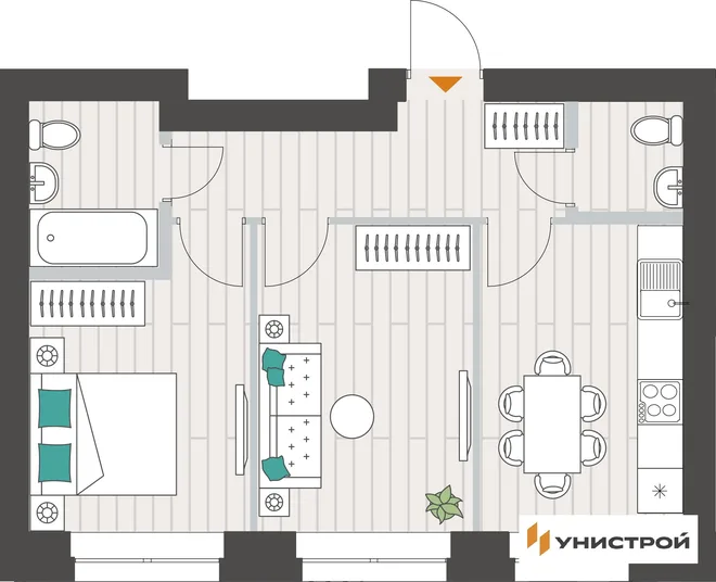 Планировка 2-комн. квартира, 46.05 м² ЖК «Аквамарин» Планировка 2-комн. квартира, 46.05 м² ЖК «Аквамарин»