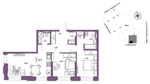 Планировка 3-комн. квартира, 63.76 м² ЖК «Страна Прибрежная»