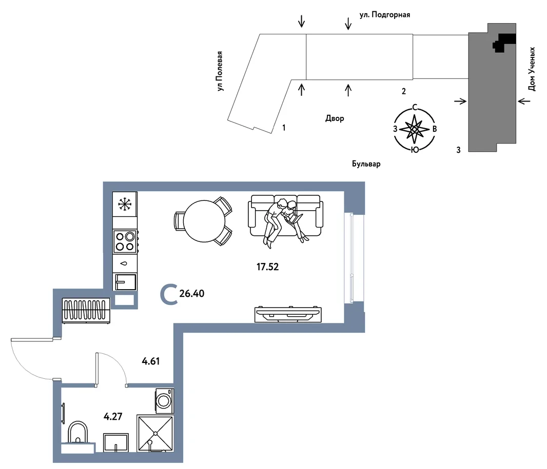 Планировка Студия, 26.48 м² ЖК «Авторский»