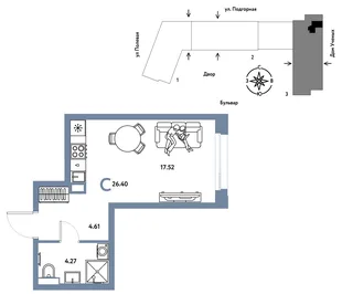 Планировка Студия, 26.48 м² ЖК «Авторский»