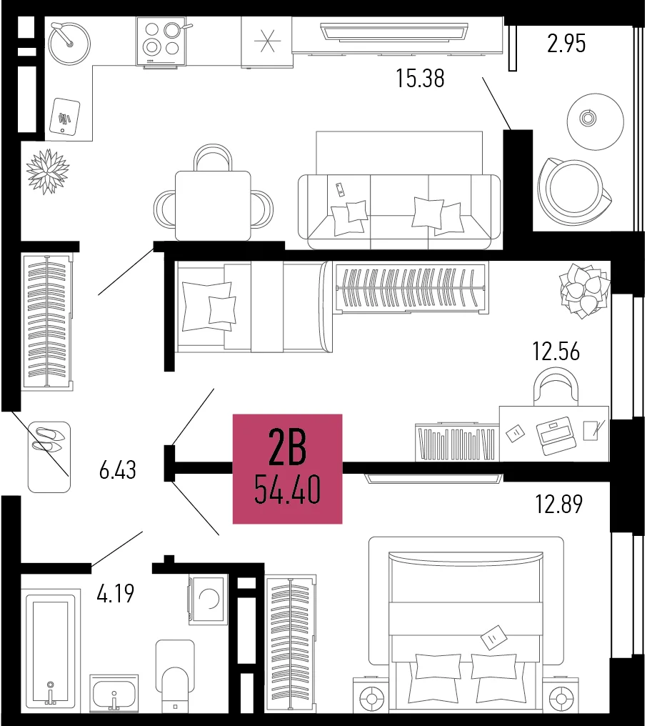 Планировка 2-комн. квартира, 54.4 м² ЖК «Столицыно»