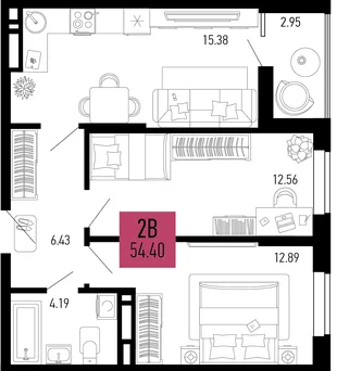 Планировка 2-комн. квартира, 54.4 м² ЖК «Столицыно»