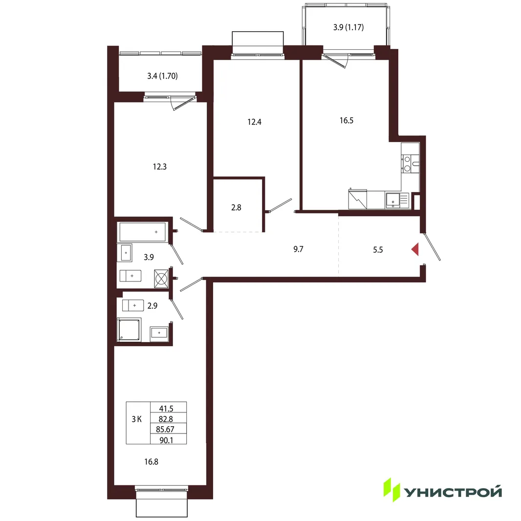 Планировка 3-комн. квартира, 85.67 м² ЖК «Лисино»