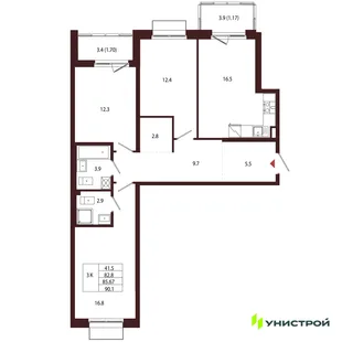 Планировка 3-комн. квартира, 85.67 м² ЖК «Лисино»