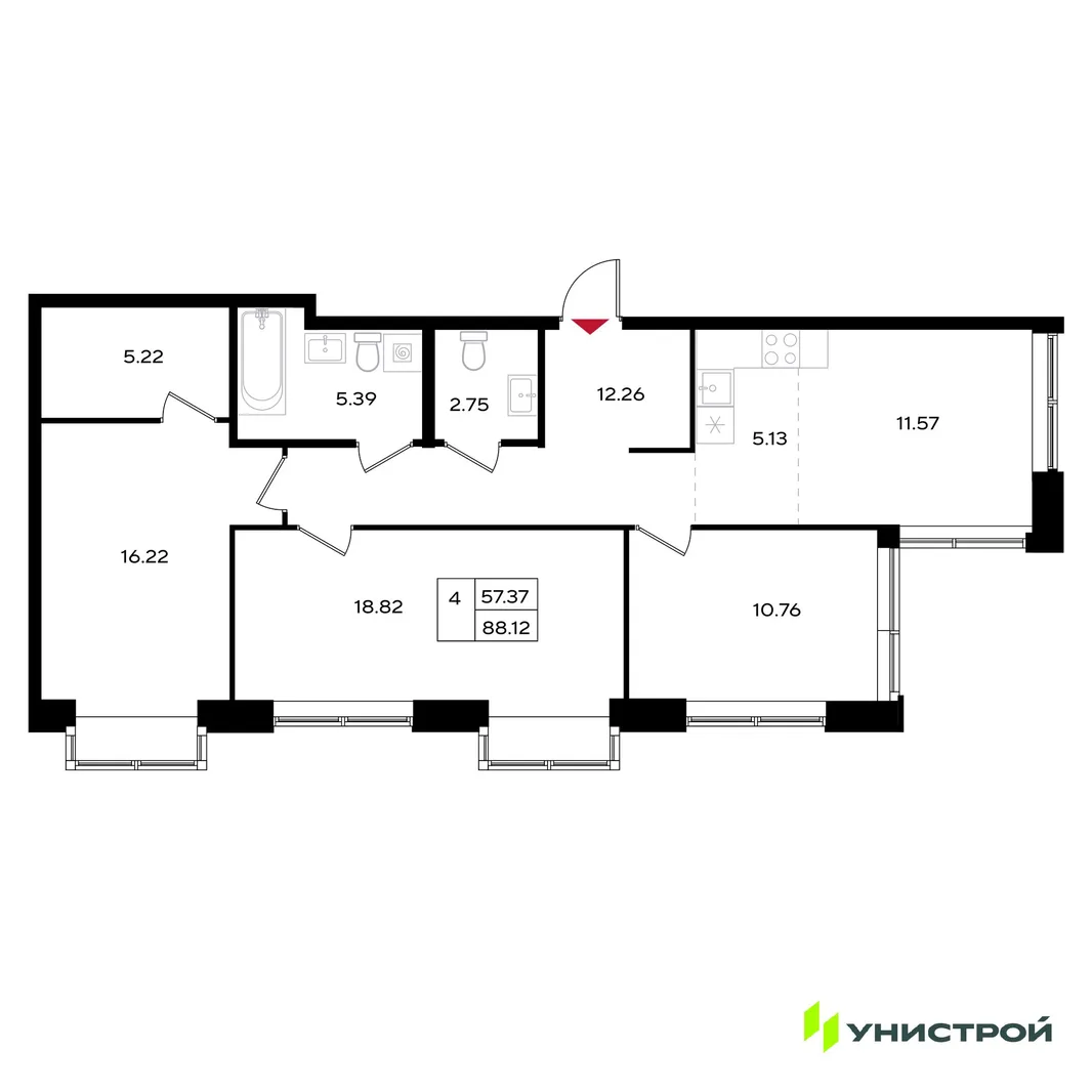 Планировка 4-комн. квартира, 88.12 м² ЖК «Уникум на Энгельса»