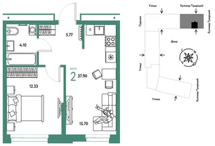 Планировка 2-комн. квартира, 37.9 м² ЖК «Микрорайон Домашний»