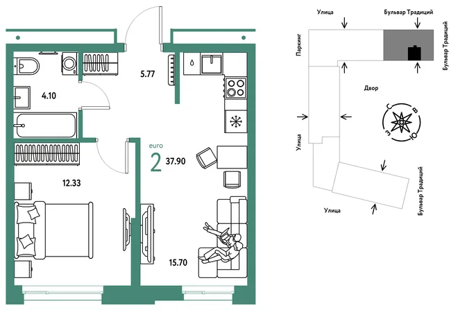 Планировка 2-комн. квартира, 37.9 м² ЖК «Микрорайон Домашний» Планировка 2-комн. квартира, 37.9 м² ЖК «Микрорайон Домашний»