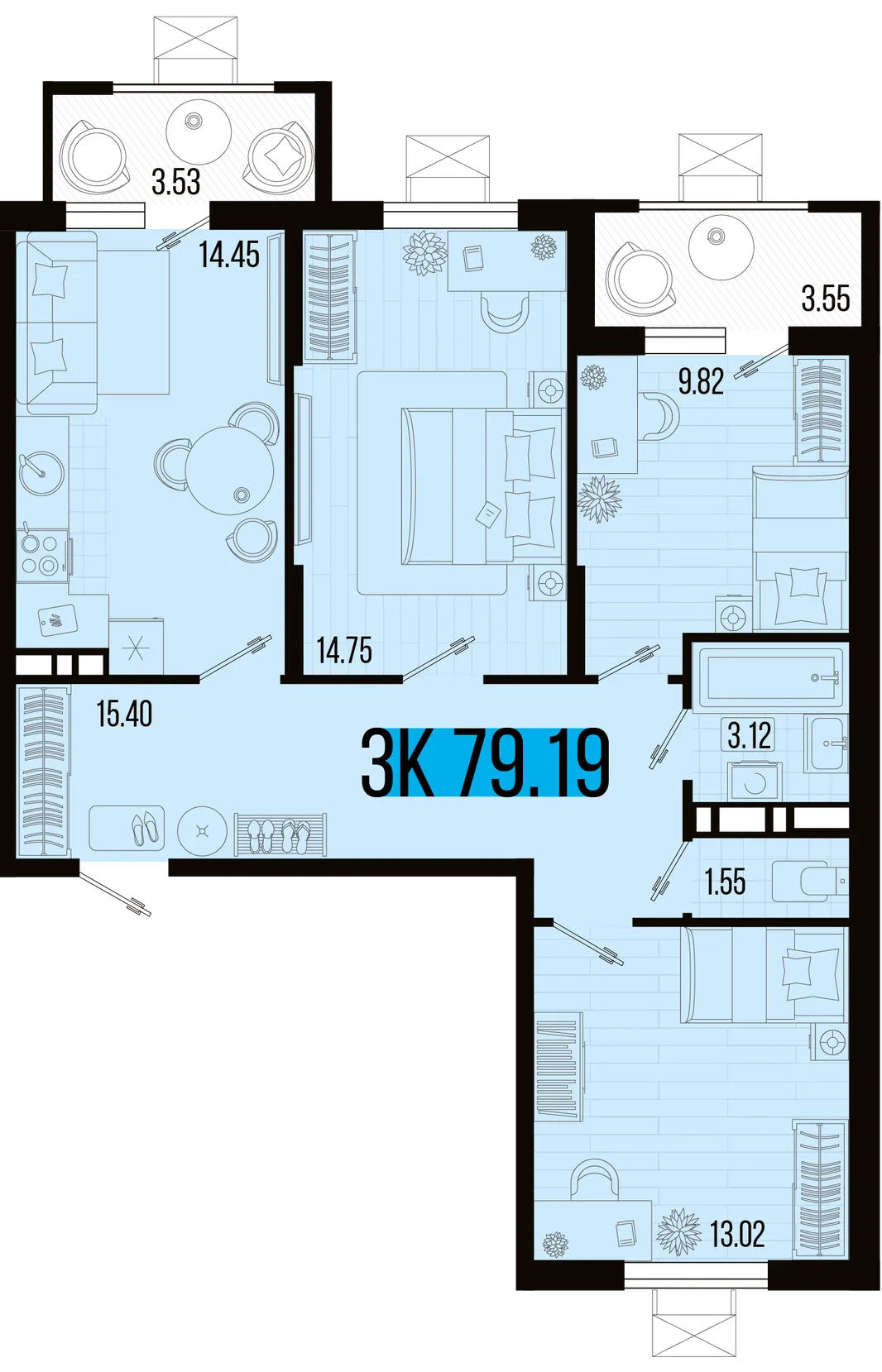 Планировка 3-комн. квартира, 75.64 м² ЖК «Цветной бульвар»