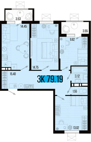 Планировка 3-комн. квартира, 75.64 м² ЖК «Цветной бульвар»