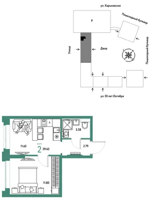 Планировка 2-комн. квартира, 29.62 м² ЖК «Сердце Сибири»