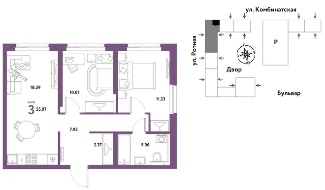 Планировка 3-комн. квартира, 54.63 м² ЖК «Уральский сад» Планировка 3-комн. квартира, 54.63 м² ЖК «Уральский сад»