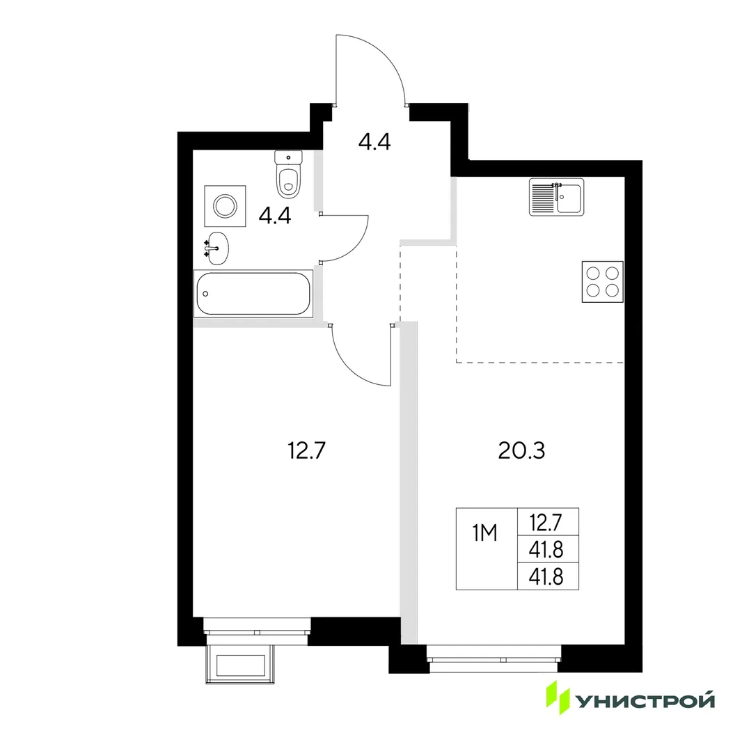 Планировка 1-комн. квартира, 41.8 м² ЖК «Стадиум»