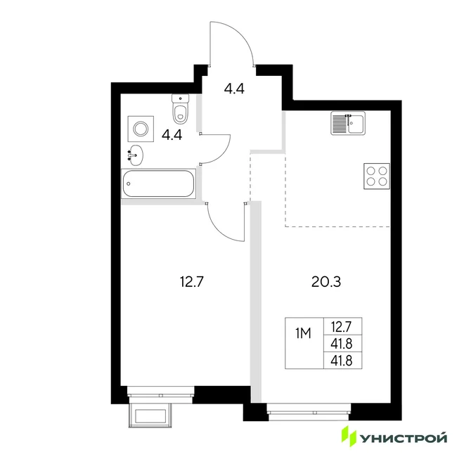 Планировка 1-комн. квартира, 41.8 м² ЖК «Стадиум» Планировка 1-комн. квартира, 41.8 м² ЖК «Стадиум»
