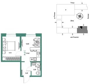 Планировка 2-комн. квартира, 31.42 м² ЖК «Остров-сад»