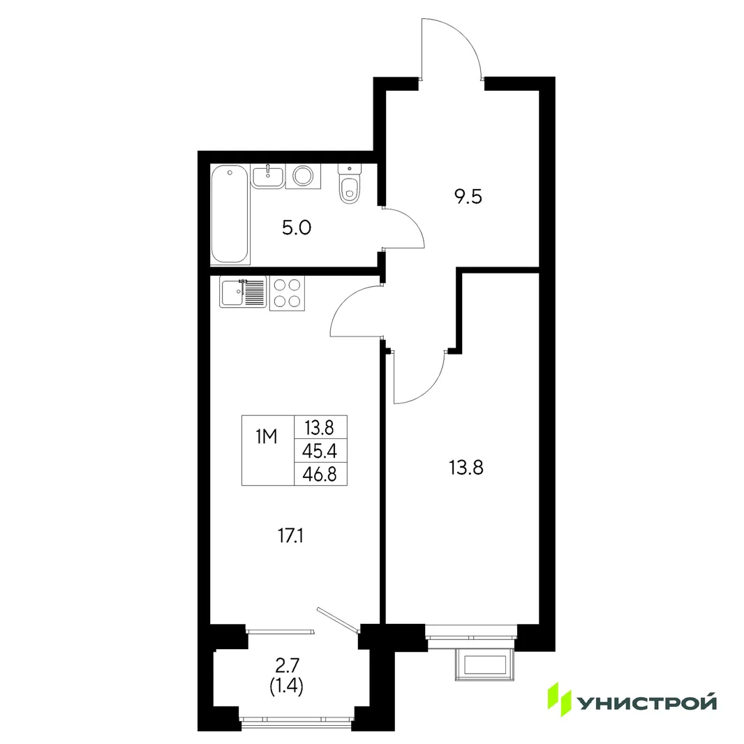 Планировка 1-комн. квартира, 46.8 м² ЖК «Стадиум»