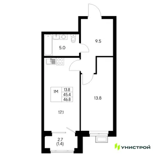 Планировка 1-комн. квартира, 46.8 м² ЖК «Стадиум»