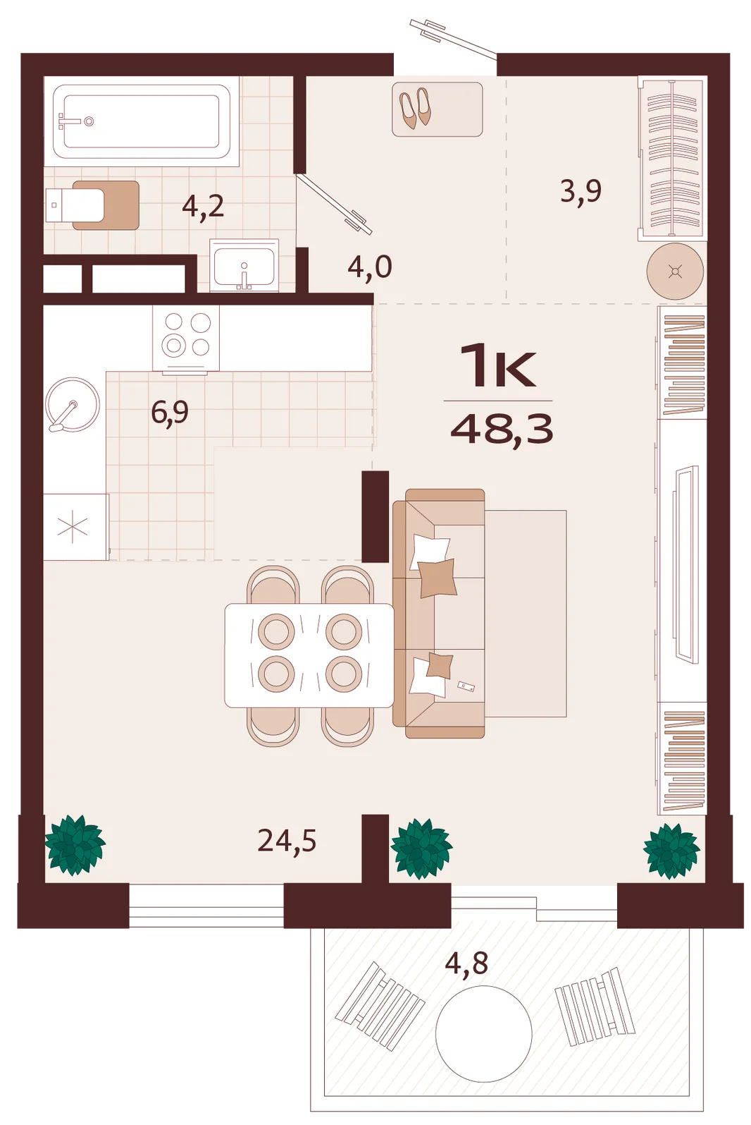 Планировка 1-комн. квартира, 48.3 м² ЖК «Роялта»