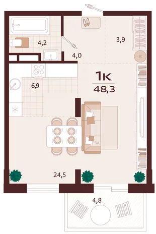 Планировка 1-комн. квартира, 48.3 м² ЖК «Роялта»