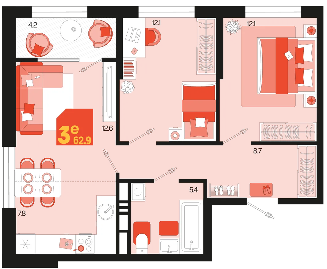 Планировка 3-комн. квартира, 62.9 м² ЖК «Первое место»