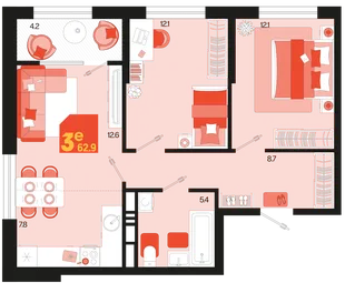 Планировка 3-комн. квартира, 62.9 м² ЖК «Первое место»