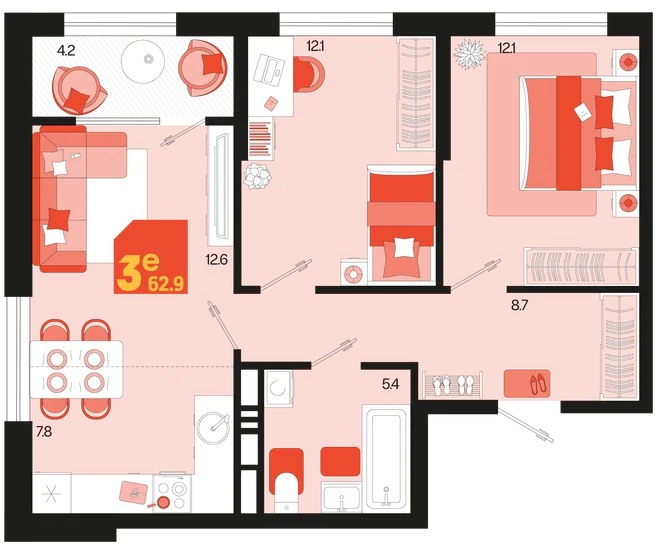 Планировка 3-комн. квартира, 62.9 м² ЖК «Первое место» Планировка 3-комн. квартира, 62.9 м² ЖК «Первое место»