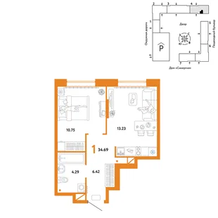 Планировка 1-комн. квартира, 34.69 м² ЖК «Юнион»