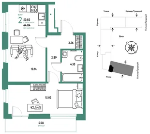 Планировка 2-комн. квартира, 50.82 м² ЖК «Микрорайон Домашний»