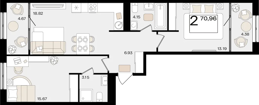 Планировка 2-комн. квартира, 70.96 м² ЖК «Патрики»