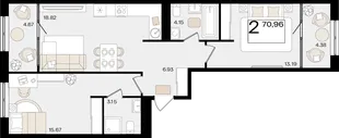 Планировка 2-комн. квартира, 70.96 м² ЖК «Патрики»