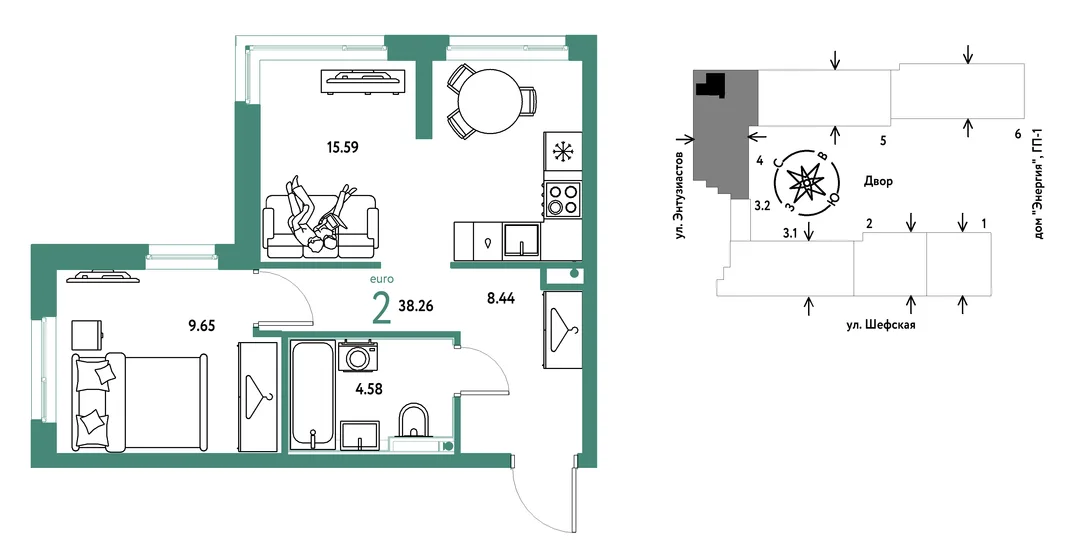Планировка 2-комн. квартира, 38.26 м² ЖК «Страна.Энтузиастов»
