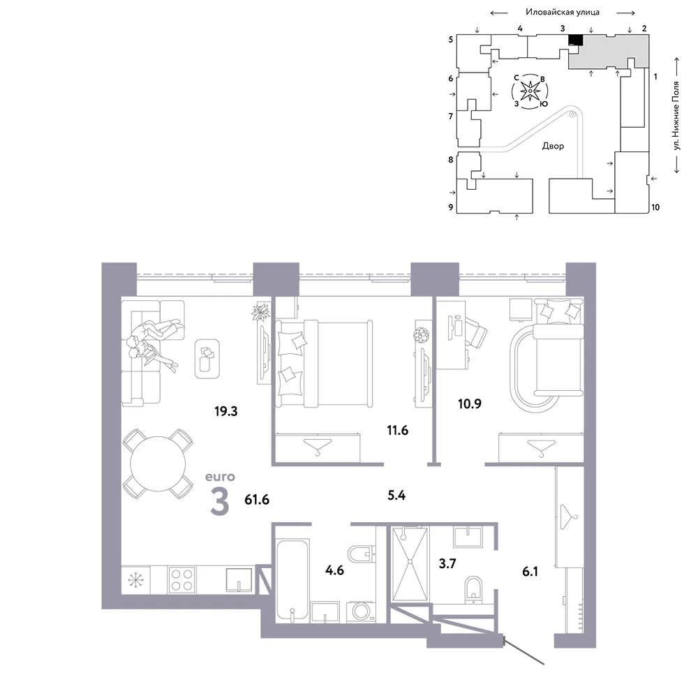 Планировка 3-комн. квартира, 61.6 м² ЖК «Страна.Заречная»