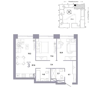 Планировка 3-комн. квартира, 61.6 м² ЖК «Страна.Заречная»