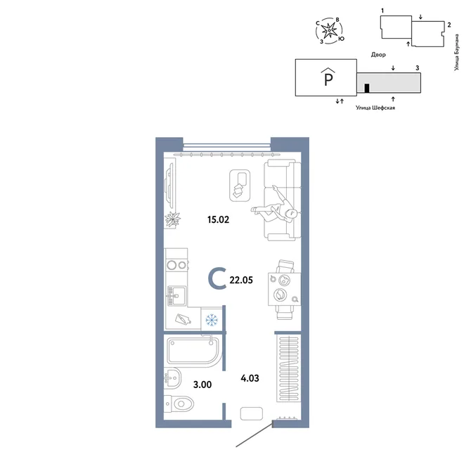 Планировка Студия, 22.05 м² ЖК «Страна.Энтузиастов» Планировка Студия, 22.05 м² ЖК «Страна.Энтузиастов»