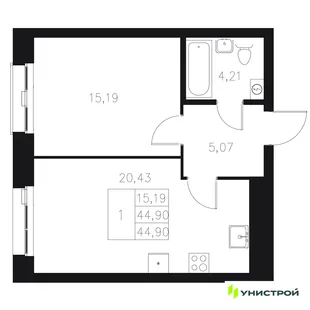 Планировка 1-комн. квартира, 44.9 м² ЖК «Statum»