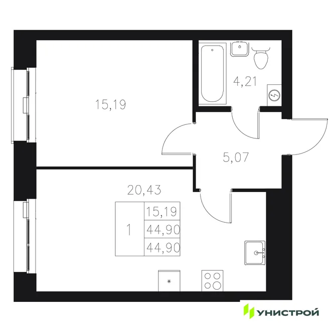 Планировка 1-комн. квартира, 44.9 м² ЖК «Statum»