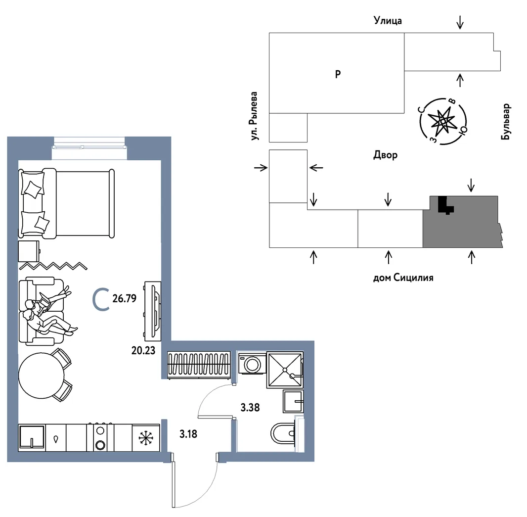 Планировка Студия, 26.79 м² ЖК «Остров-сад»