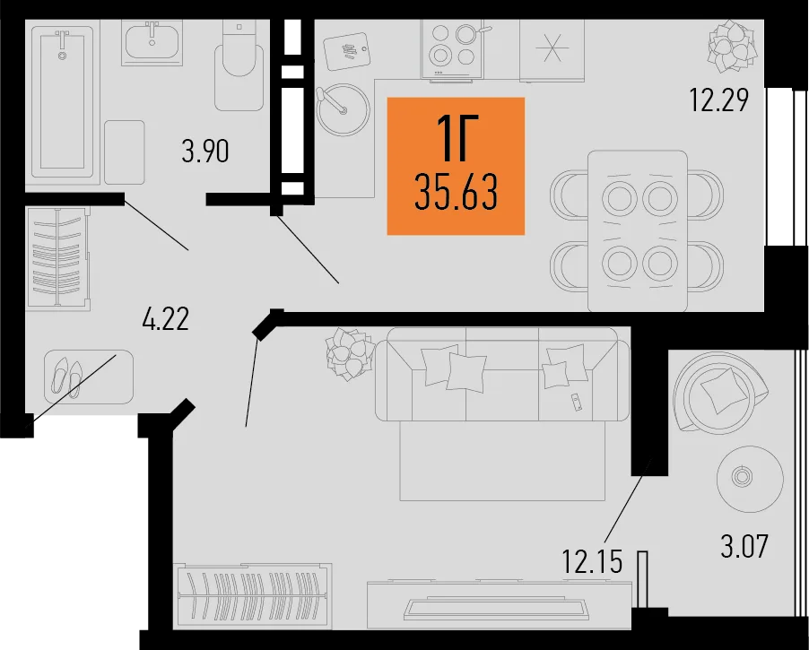 Планировка 1-комн. квартира, 35.63 м² ЖК «Столицыно»