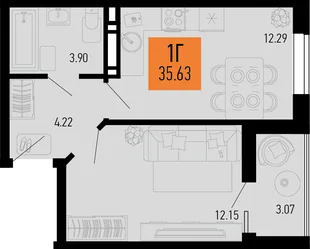 Планировка 1-комн. квартира, 35.63 м² ЖК «Столицыно»