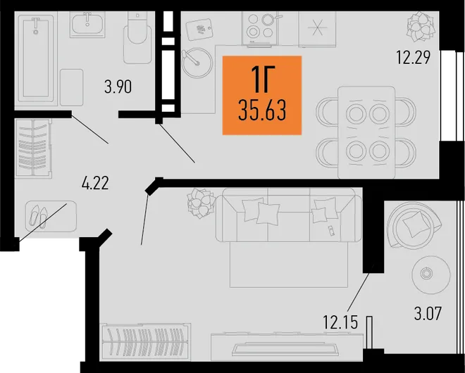 Планировка 1-комн. квартира, 35.63 м² ЖК «Столицыно» Планировка 1-комн. квартира, 35.63 м² ЖК «Столицыно»