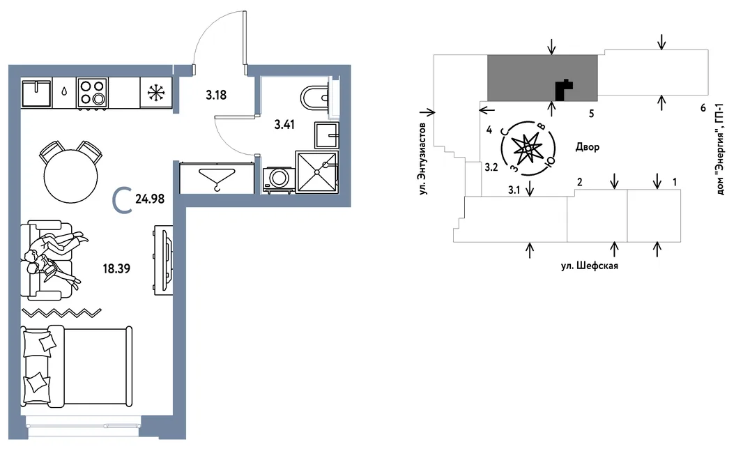 Планировка Студия, 24.98 м² ЖК «Страна.Энтузиастов»