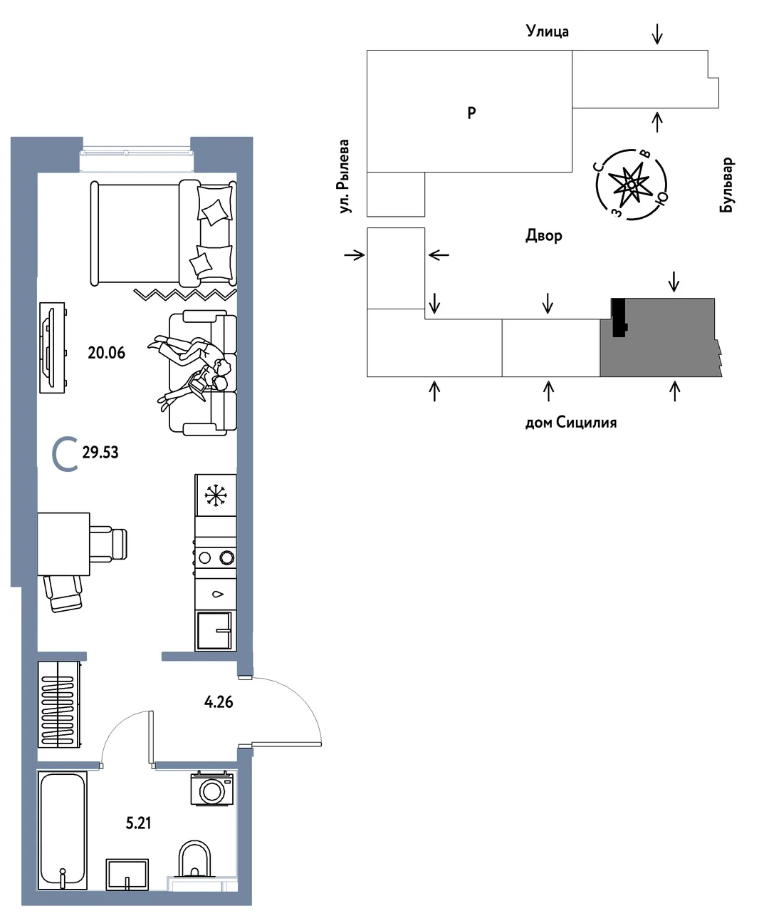 Планировка Студия, 29.53 м² ЖК «Остров-сад»