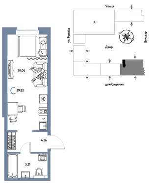 Планировка Студия, 29.53 м² ЖК «Остров-сад»