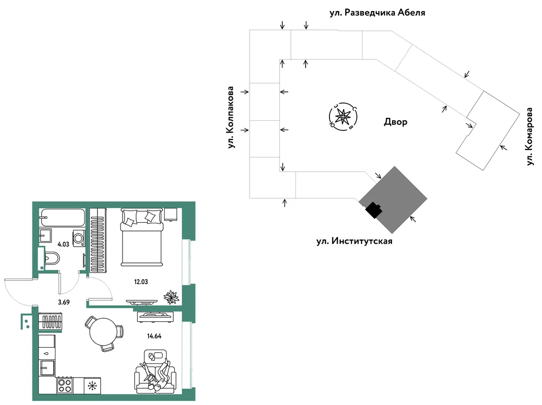 Планировка 2-комн. квартира, 34.39 м² ЖК «Страна.Парковая»