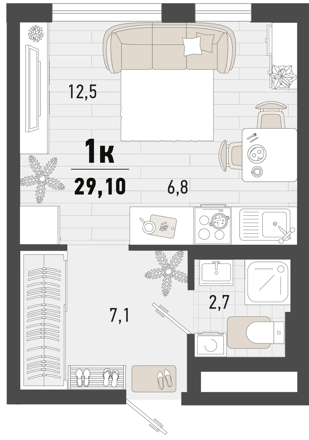 Планировка Студия, 29.1 м² ЖК «Барса»